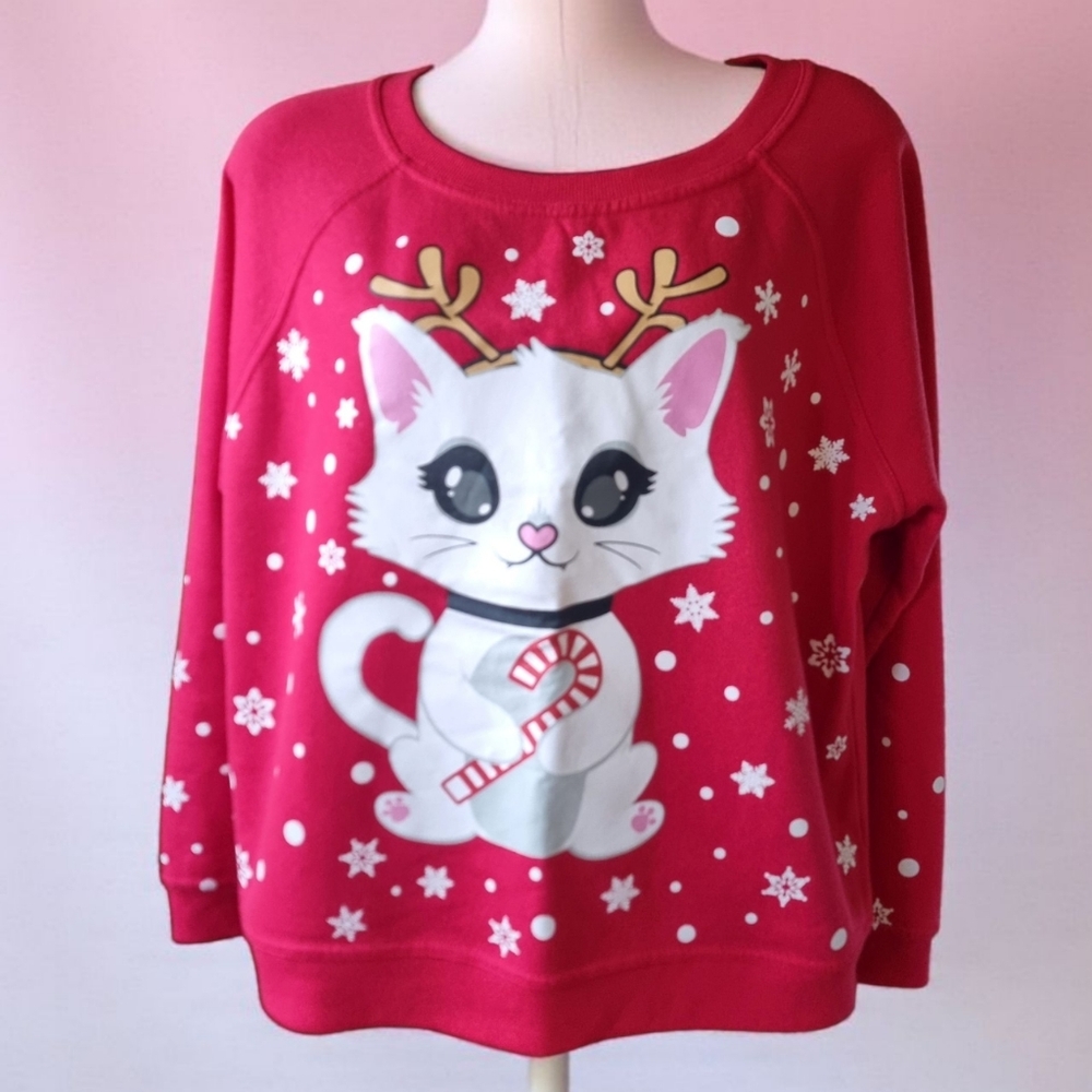 Ladies Adorable Cat Christmas Fleece Lined Sweatshirt Size L